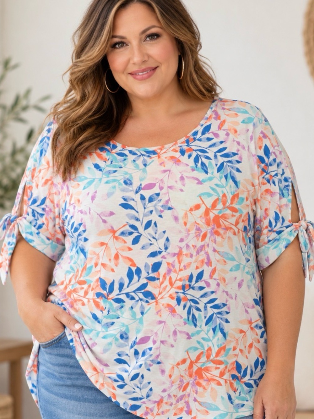 Cathy Daniels 3X Watercolor Leaf Print Tie Sleeve Top Plus Size